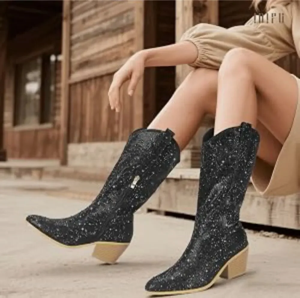 Er. MSRP $131 NWB IDIFU BLACK RHINESTONE MID CALF WESTERN COWBOY BOOTS ♡SIZE 8♡